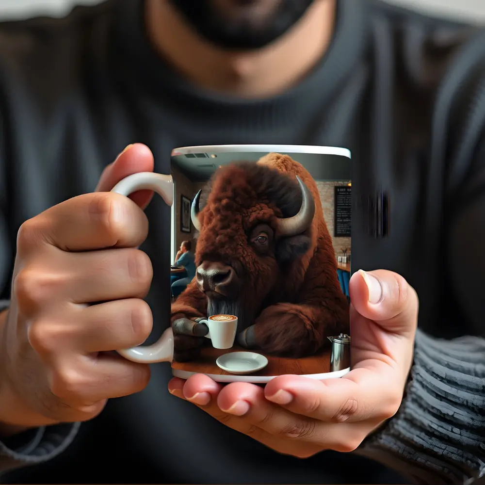 Bison Drinking Coffee In Cozy Cafe – Mugs