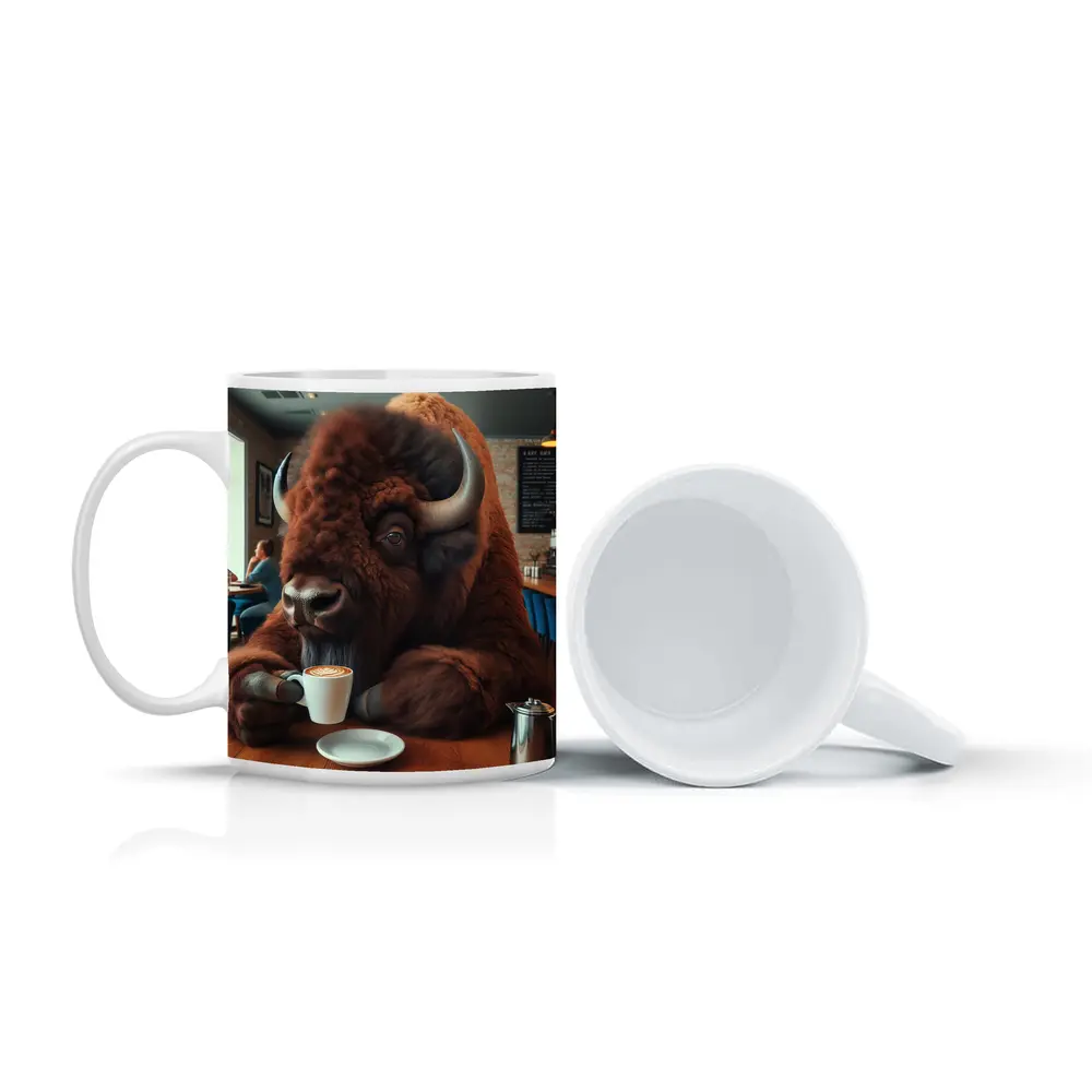 Bison Drinking Coffee In Cozy Cafe – Mugs