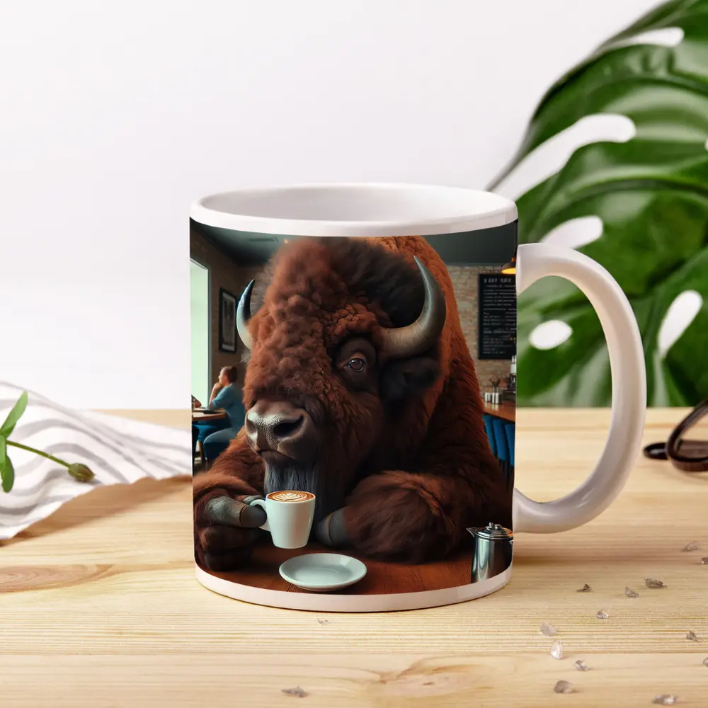 Bison Drinking Coffee In Cozy Cafe – Mugs