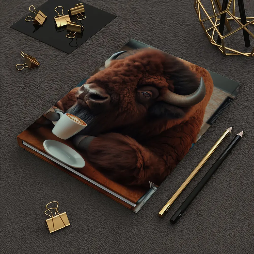 Bison Drinking Coffee In Cozy Cafe – Notebooks
