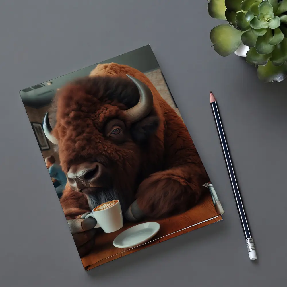 Bison Drinking Coffee In Cozy Cafe – Notebooks