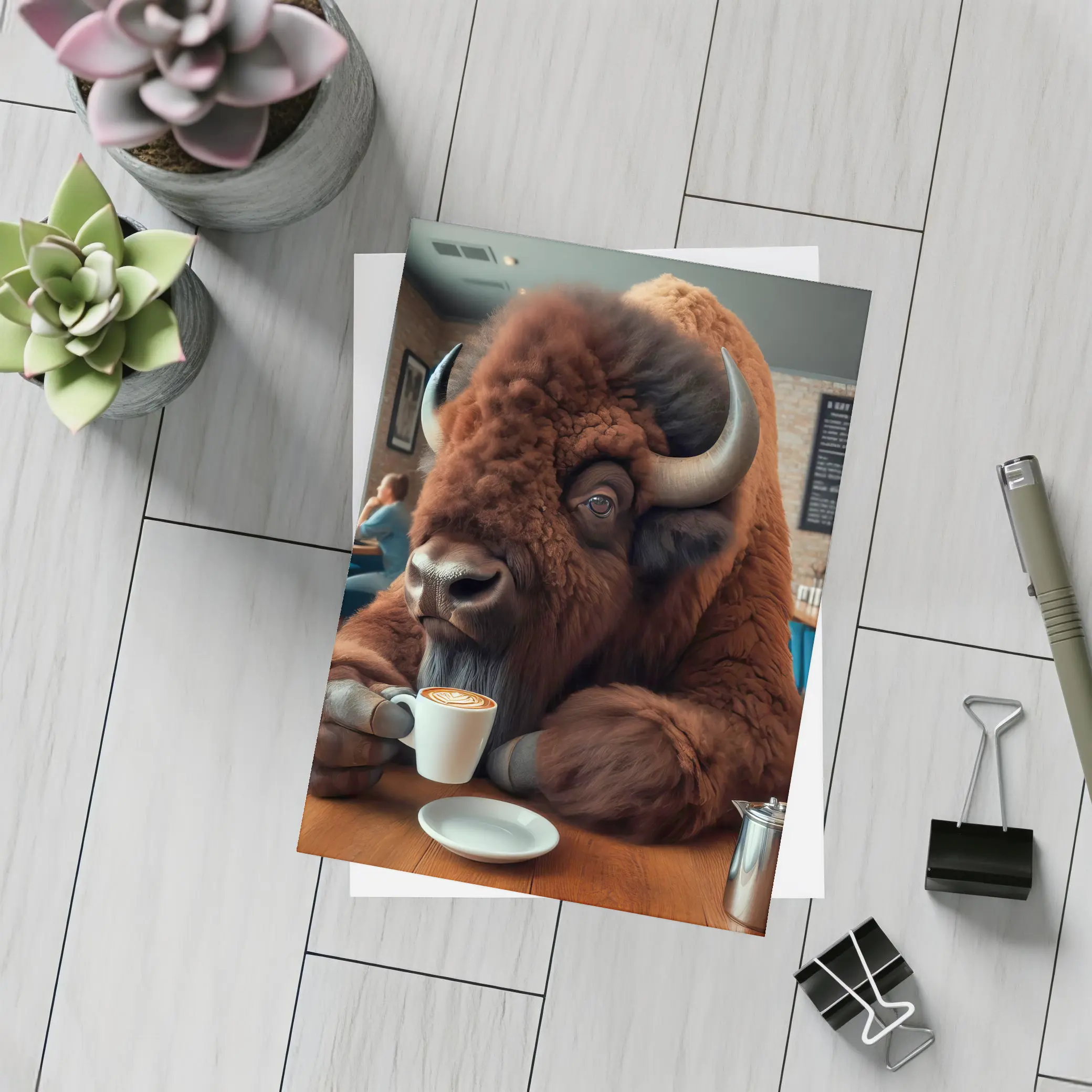 Bison Drinking Coffee In Cozy Cafe – Postcards