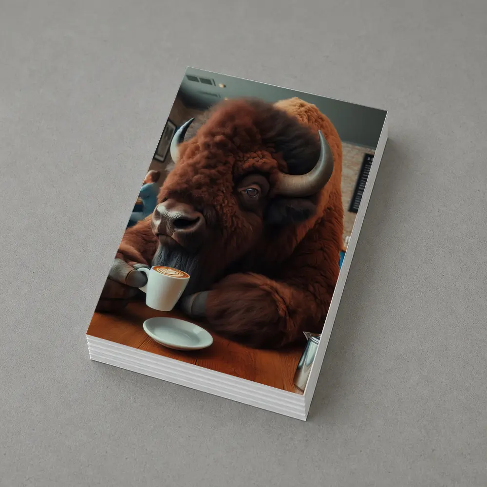 Bison Drinking Coffee In Cozy Cafe – Postcards