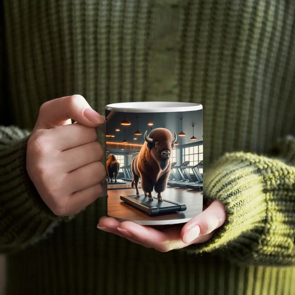 Bison Buffalo Working Out On Gym Treadmill – Mugs