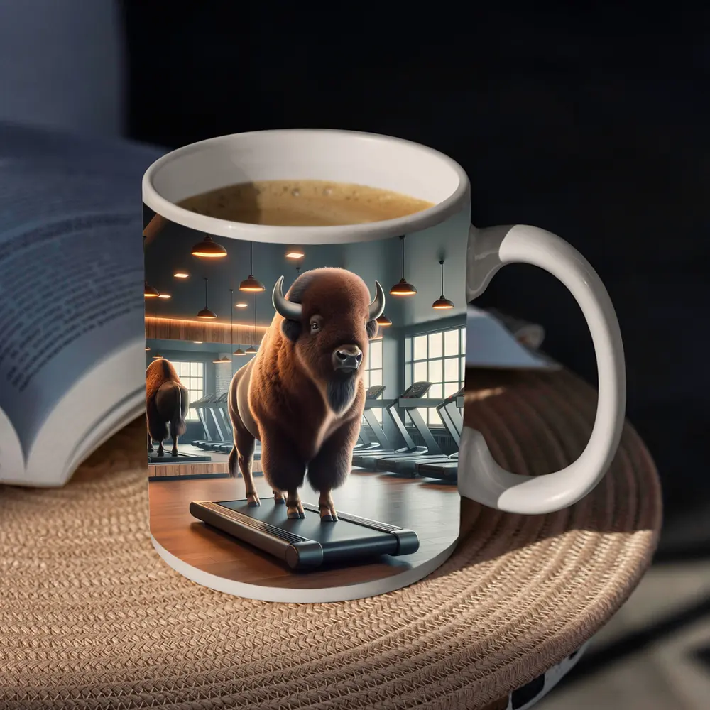 Bison Buffalo Working Out On Gym Treadmill – Mugs