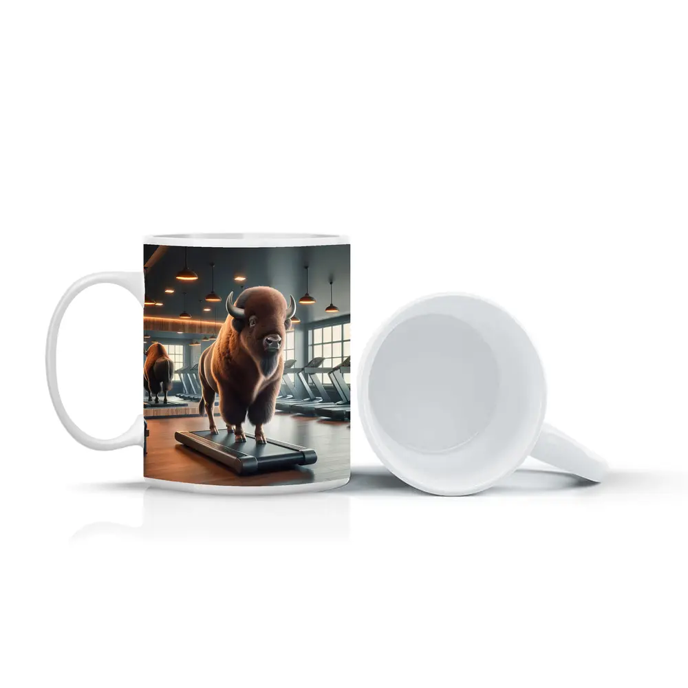 Bison Buffalo Working Out On Gym Treadmill – Mugs
