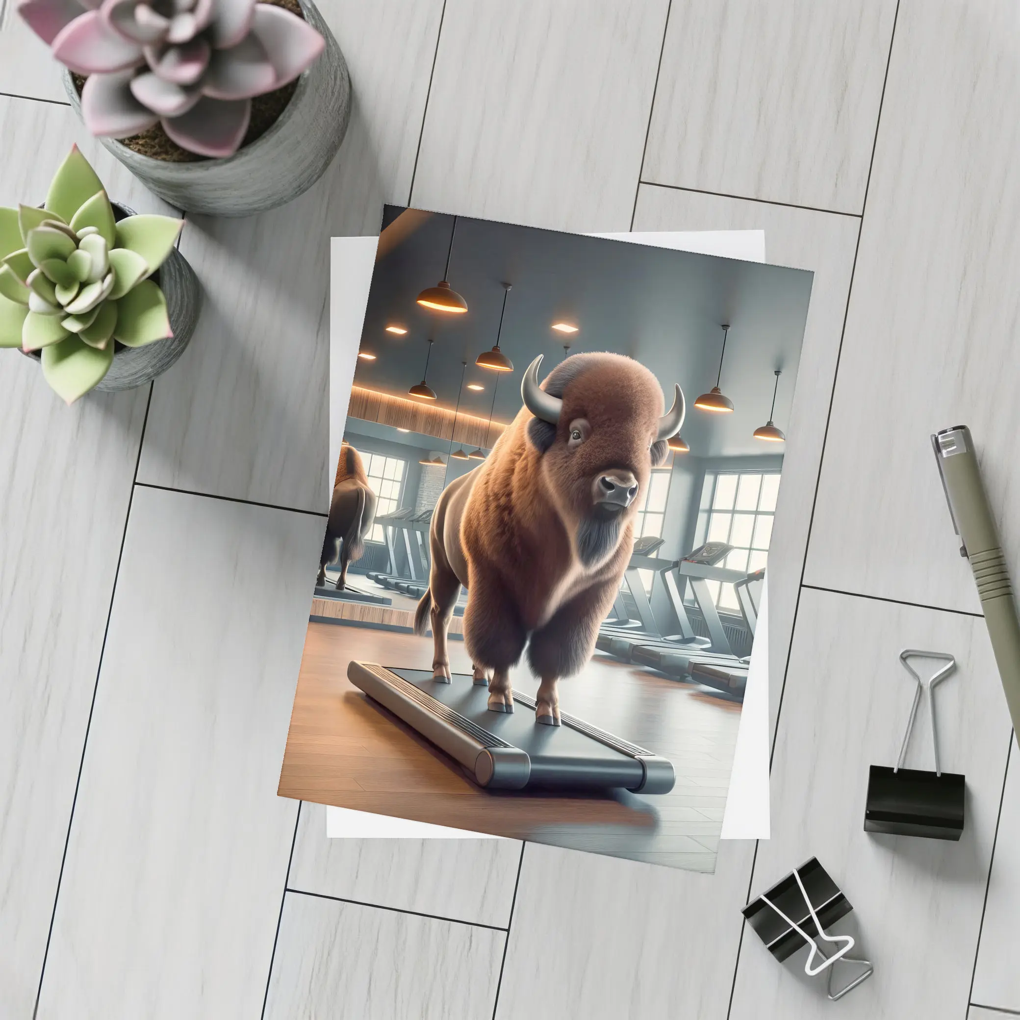 Bison Buffalo Working Out On Gym Treadmill – Postcards