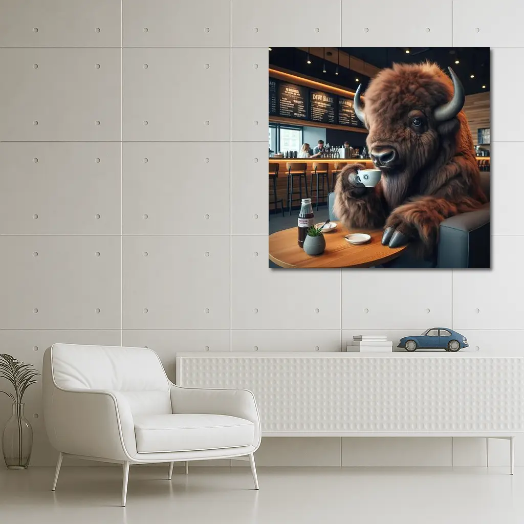 Bison Drinking Coffee In Modern Cafe – Wall Art