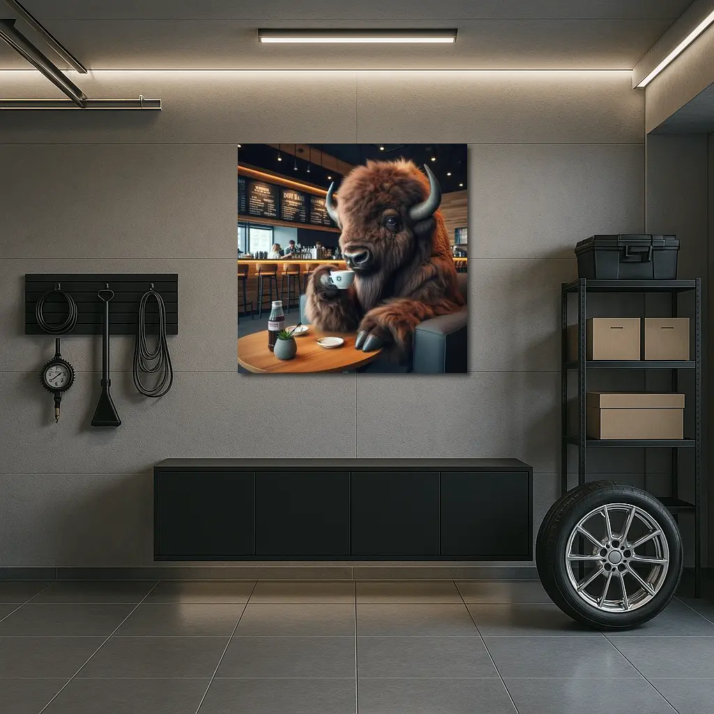 Bison Drinking Coffee In Modern Cafe – Wall Art