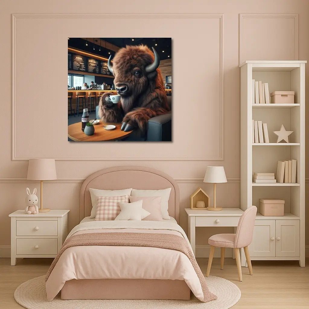 Bison Drinking Coffee In Modern Cafe – Wall Art