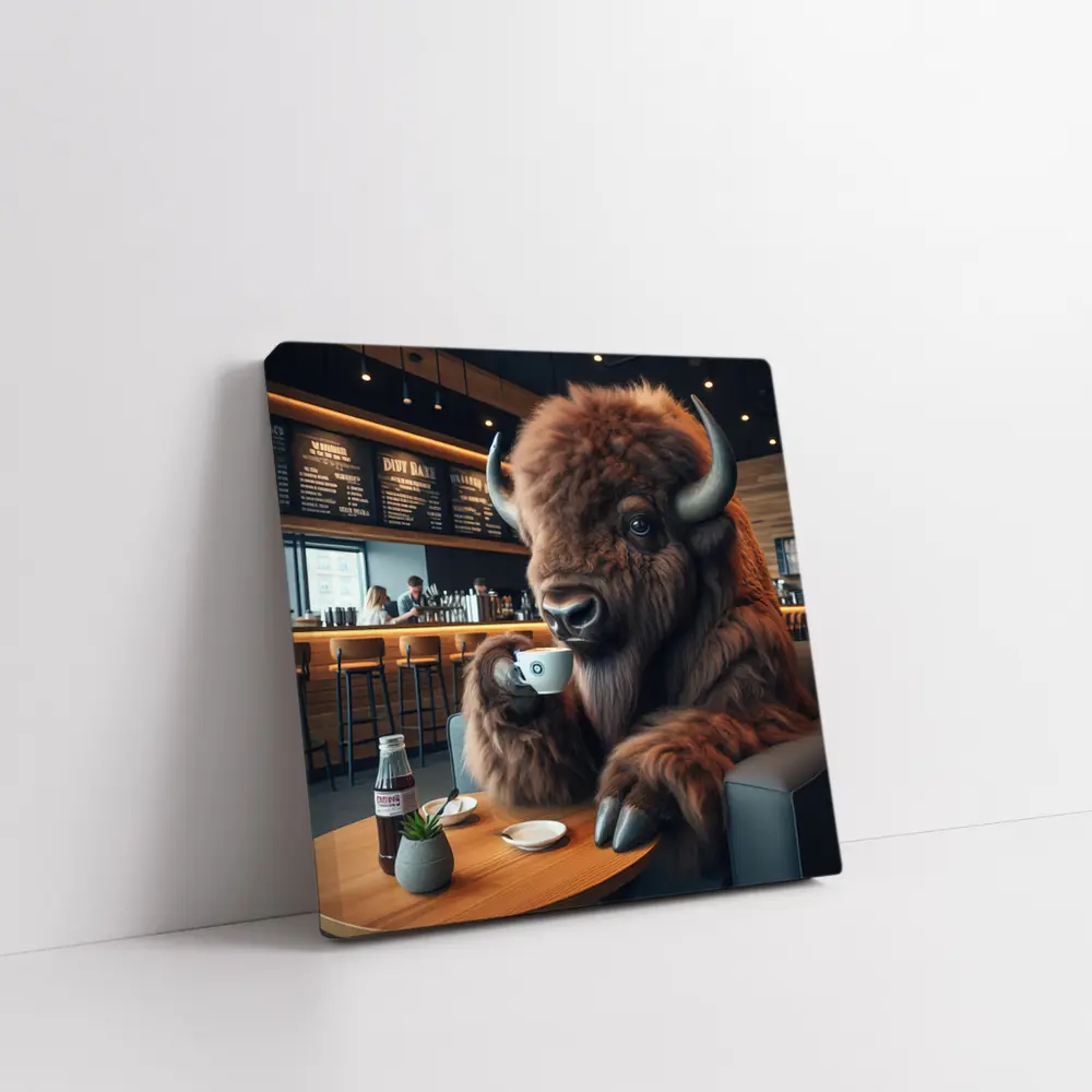 Bison Drinking Coffee In Modern Cafe – Wall Art