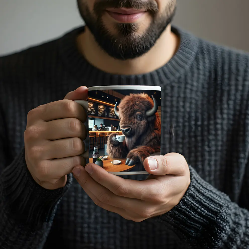 Bison Drinking Coffee In Modern Cafe – Mugs