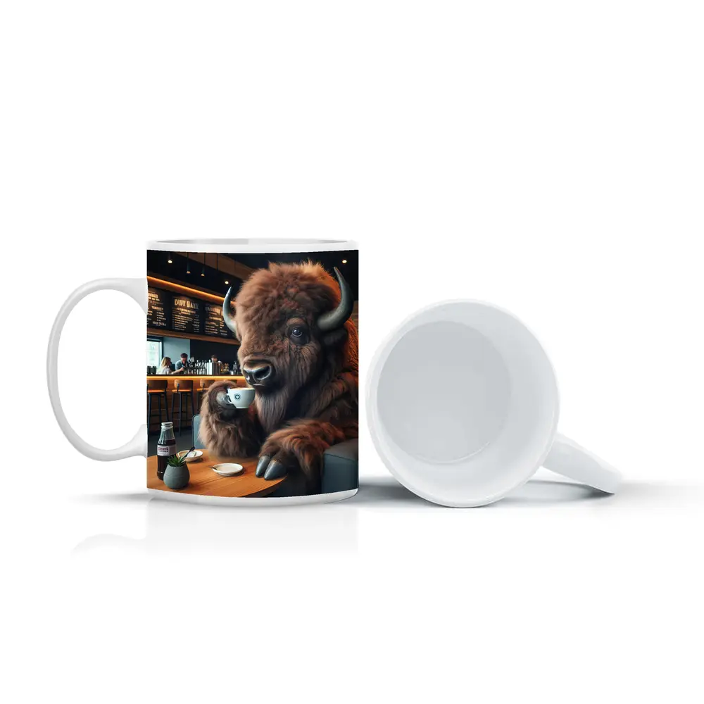Bison Drinking Coffee In Modern Cafe – Mugs