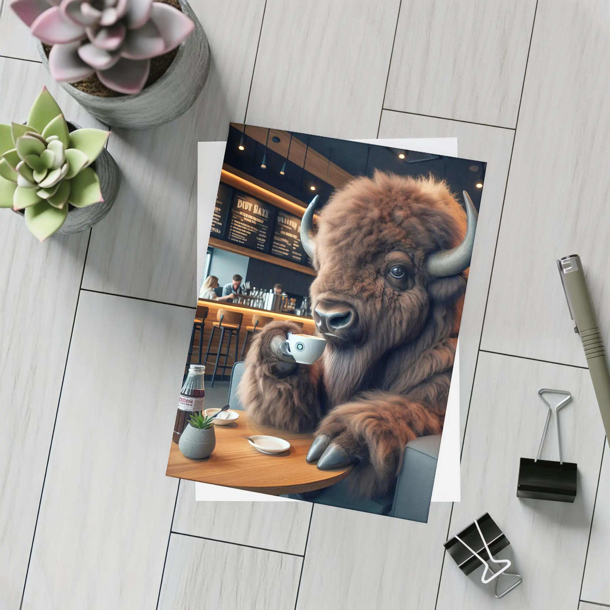 Bison Drinking Coffee In Modern Cafe – Postcards