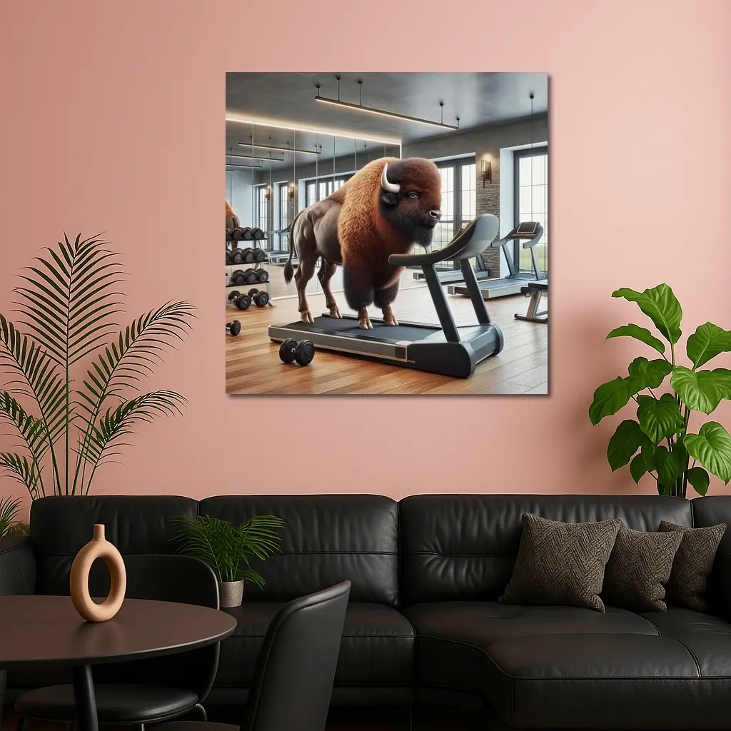 Bison On Treadmill In Modern Gym – Wall Art