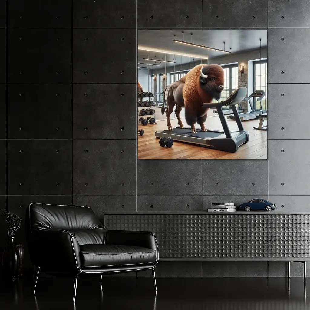 Bison On Treadmill In Modern Gym – Wall Art