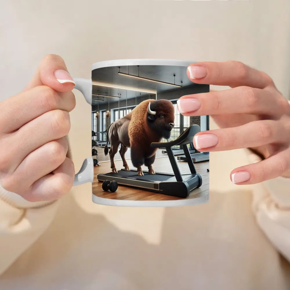 Bison On Treadmill In Modern Gym – Mugs