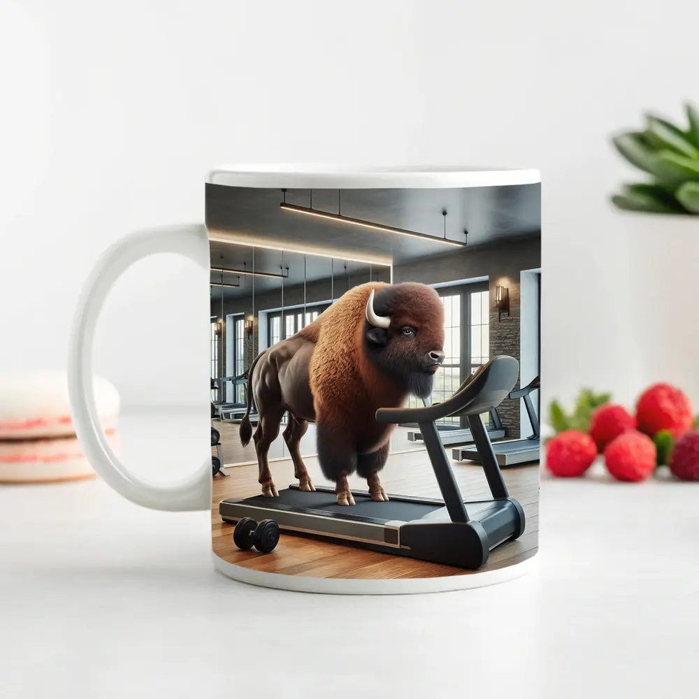 Bison On Treadmill In Modern Gym – Mugs