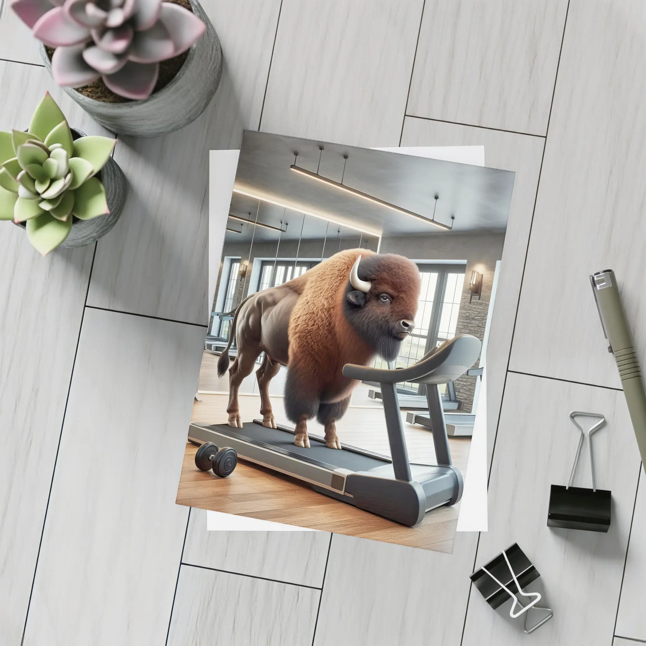 Bison On Treadmill In Modern Gym – Postcards
