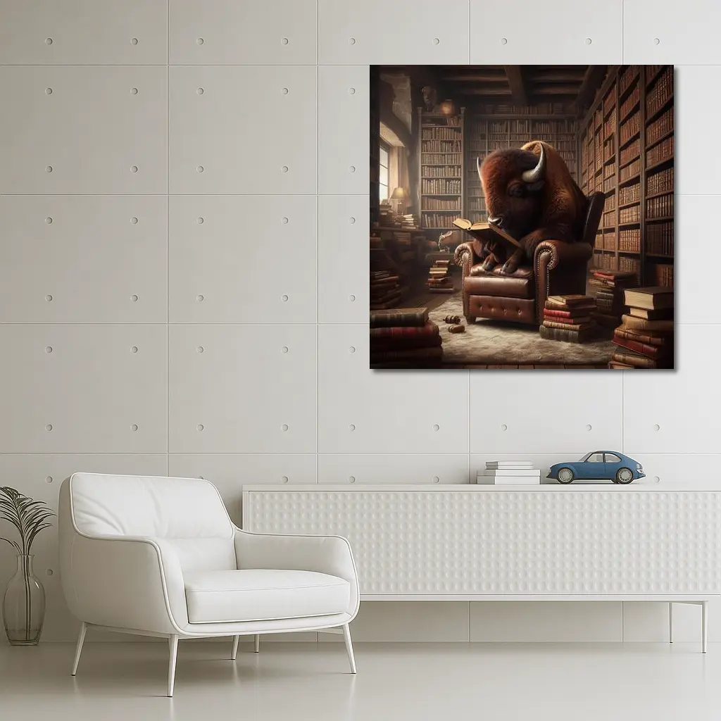 Bison Reading Book In Library Chair – Wall Art