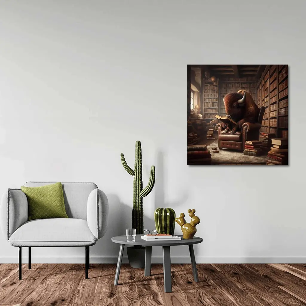 Bison Reading Book In Library Chair – Wall Art