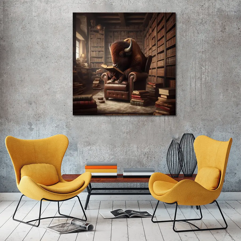 Bison Reading Book In Library Chair – Wall Art