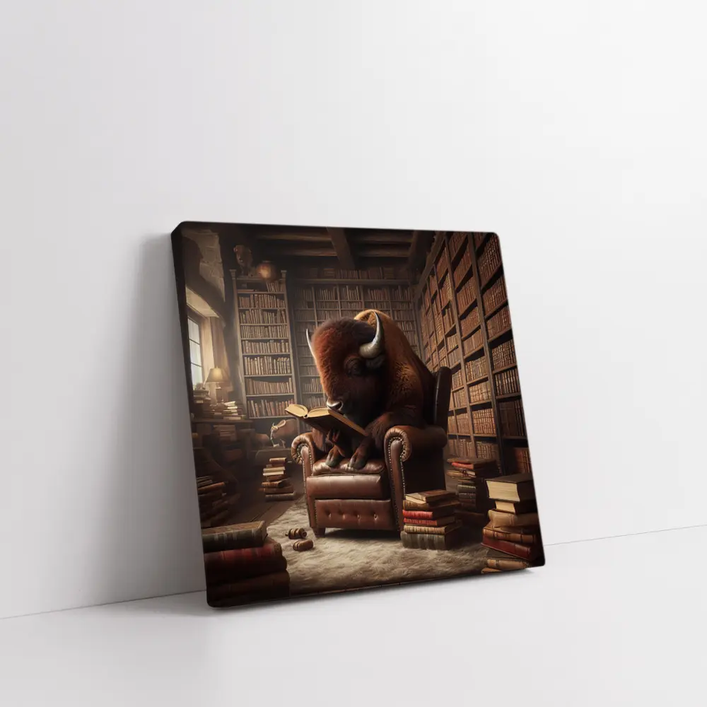 Bison Reading Book In Library Chair – Wall Art