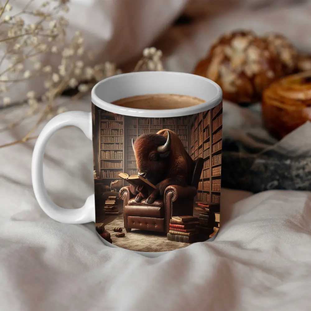Bison Reading Book In Library Chair – Mugs