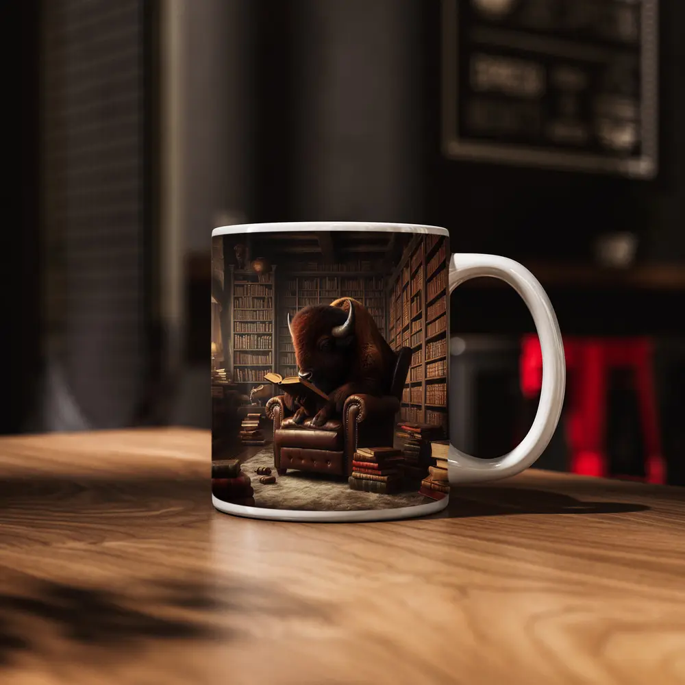 Bison Reading Book In Library Chair – Mugs