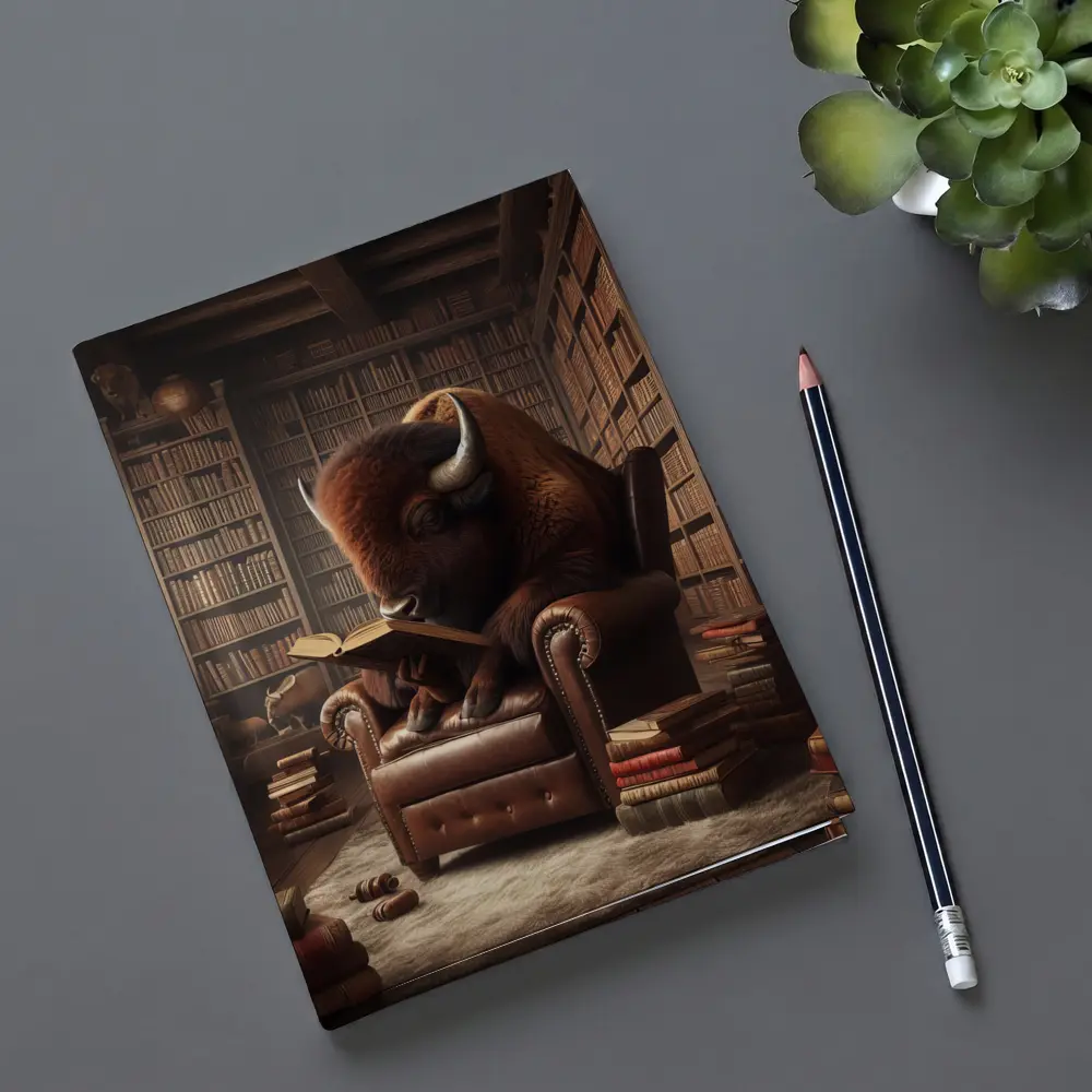 Bison Reading Book In Library Chair – Notebooks