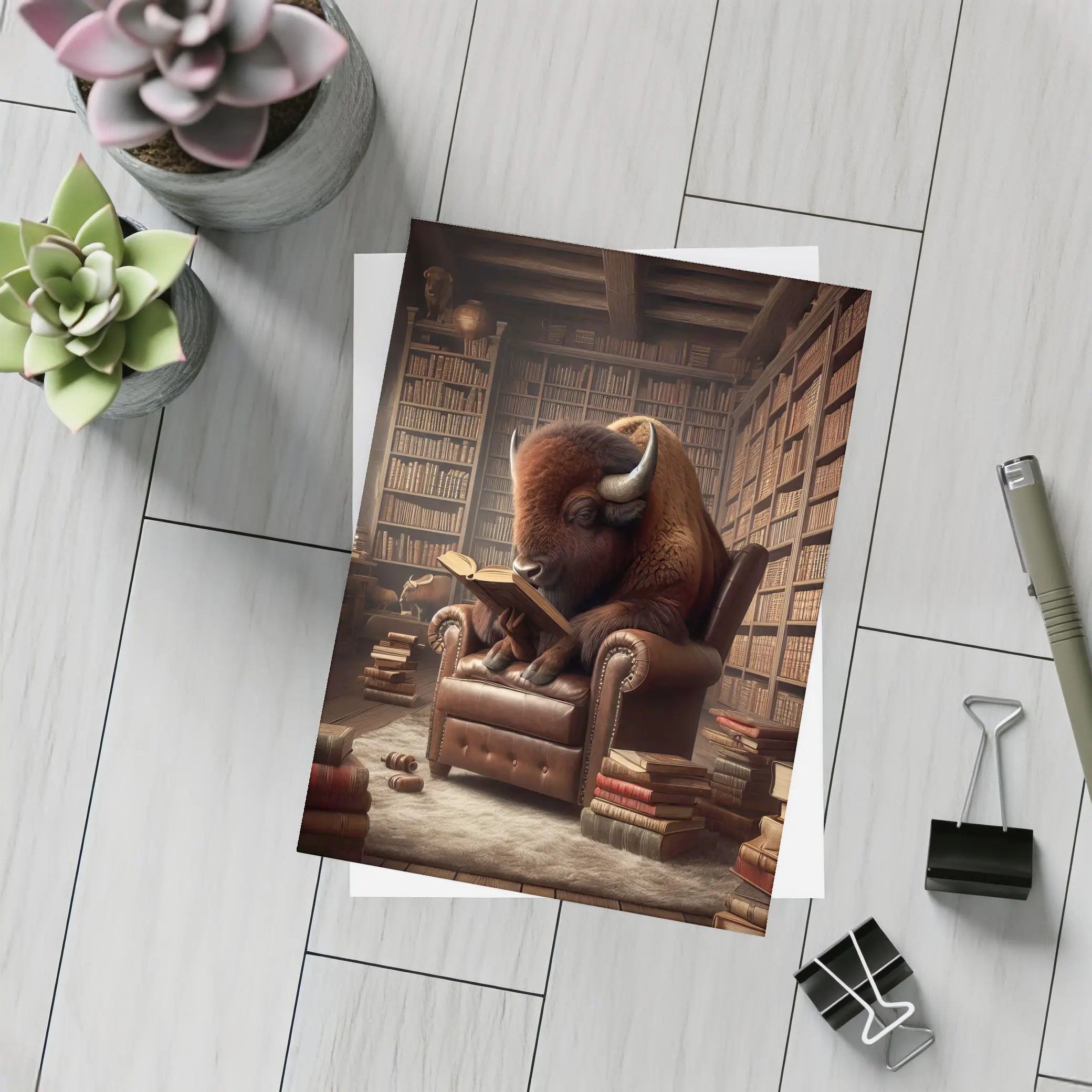 Bison Reading Book In Library Chair – Postcards