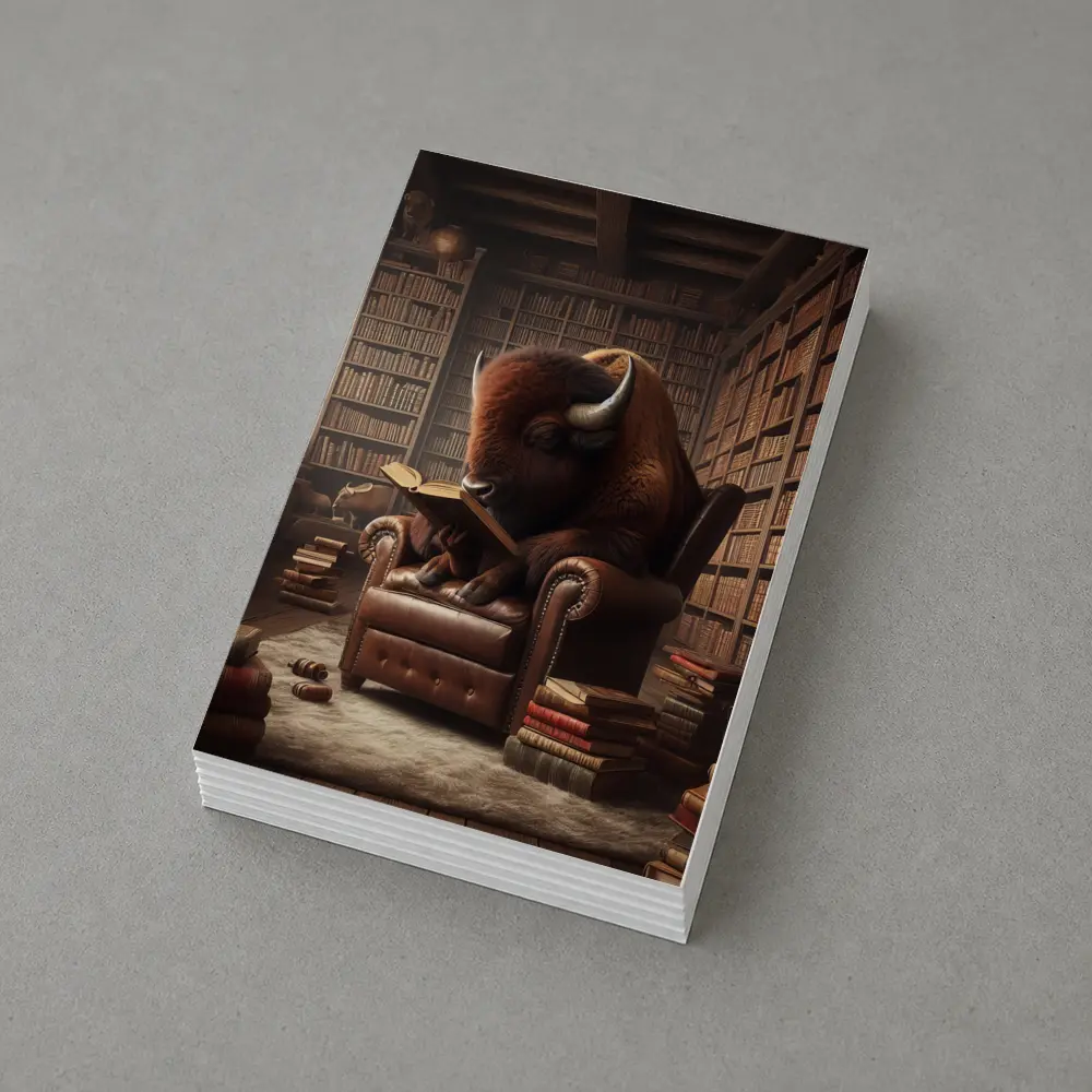 Bison Reading Book In Library Chair – Postcards