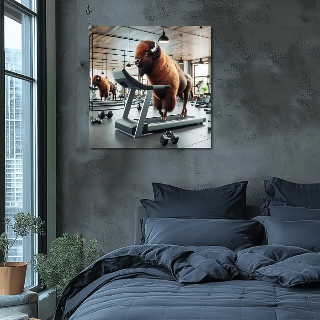 Bison Running on Treadmill in Gym – Wall Art
