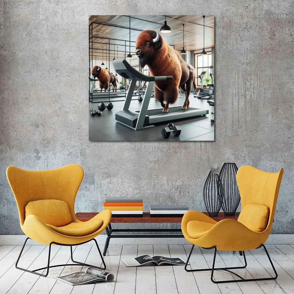 Bison Running on Treadmill in Gym – Wall Art
