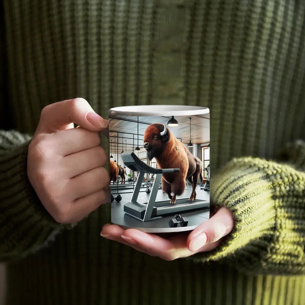 Bison Running on Treadmill in Gym – Mugs