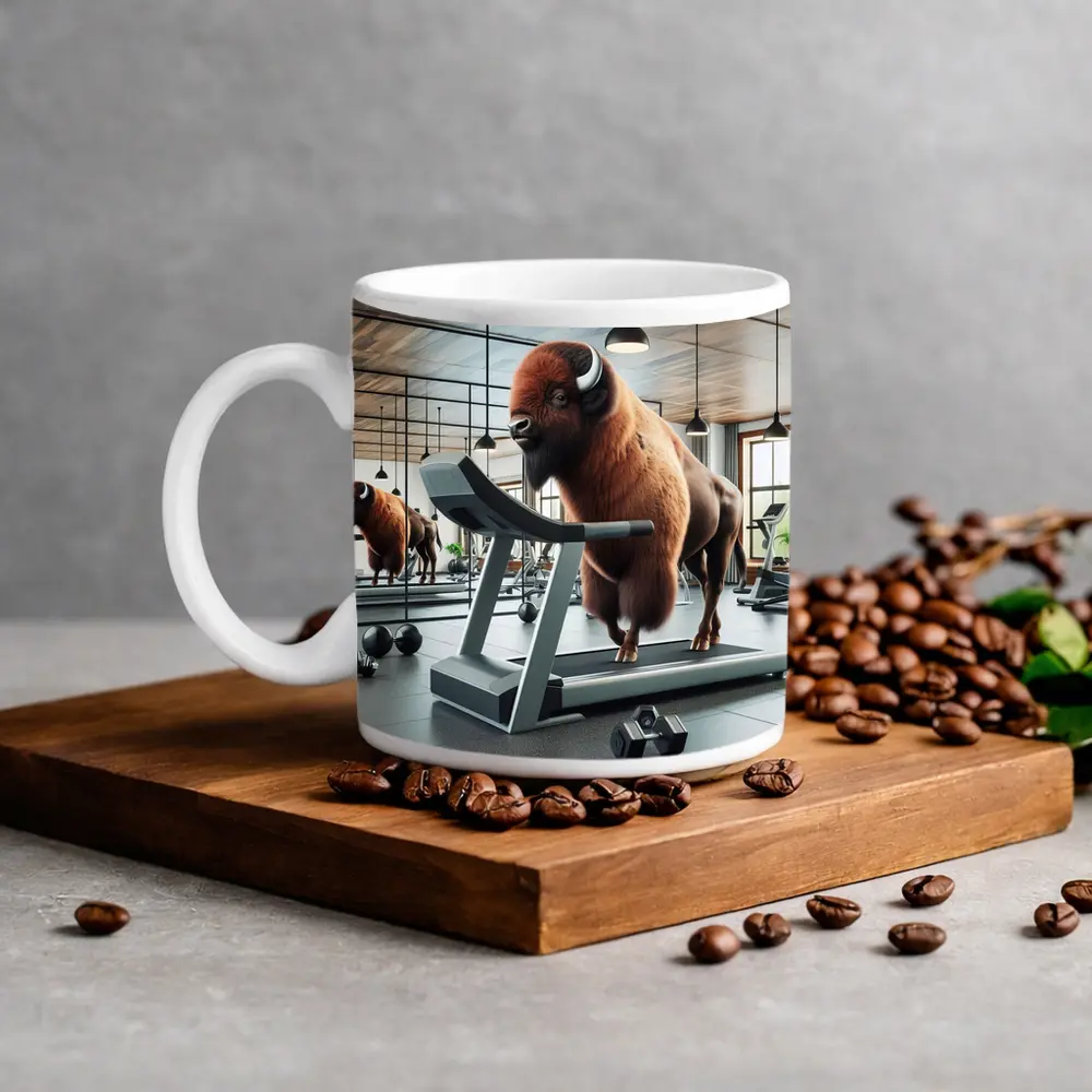 Bison Running on Treadmill in Gym – Mugs