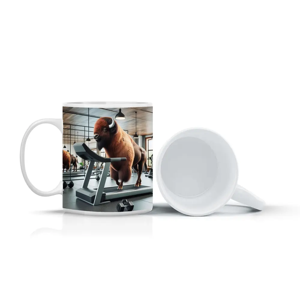 Bison Running on Treadmill in Gym – Mugs
