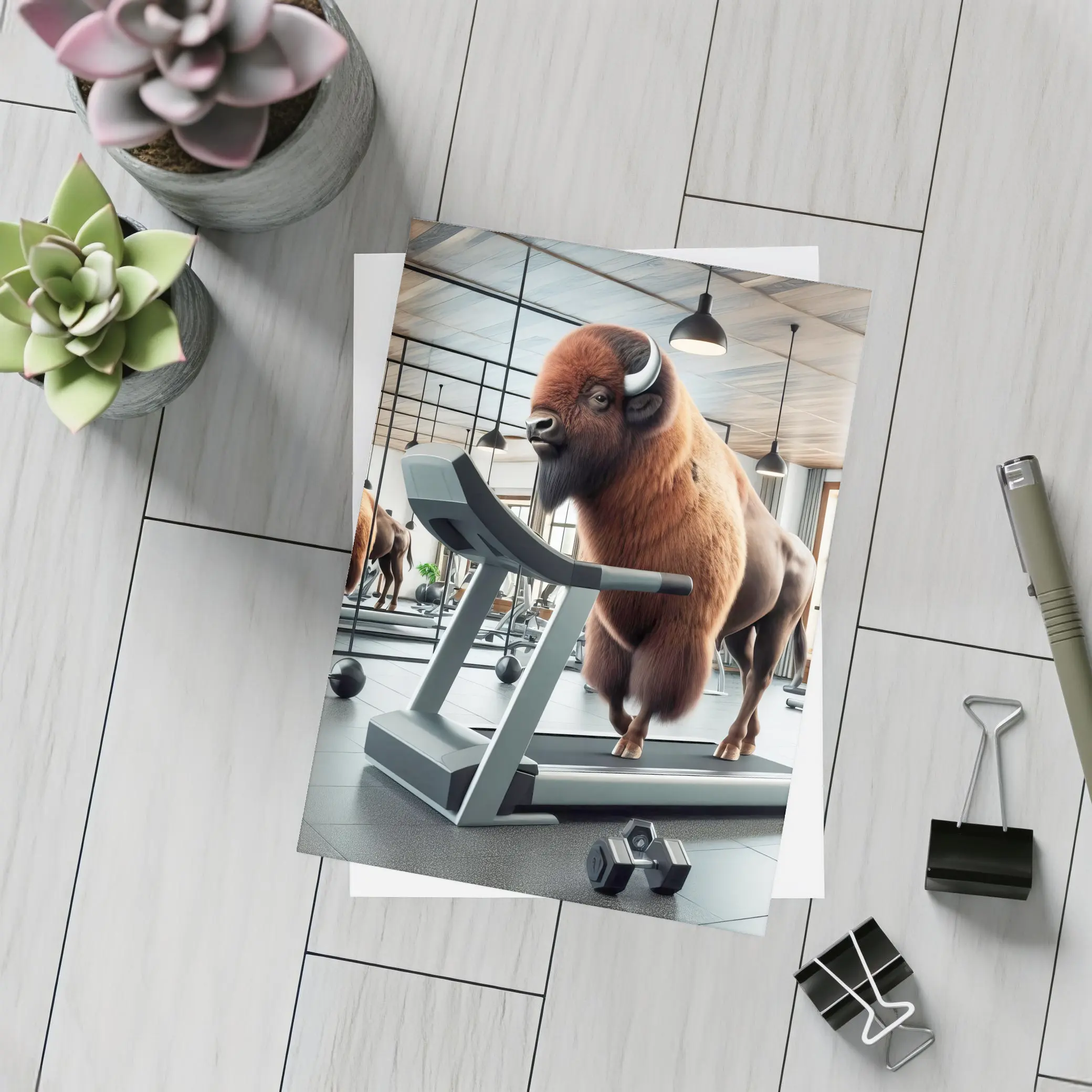 Bison Running on Treadmill in Gym – Postcards