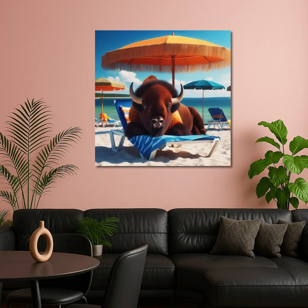 Bison Relaxing On Sunny Beach Chair – Wall Art