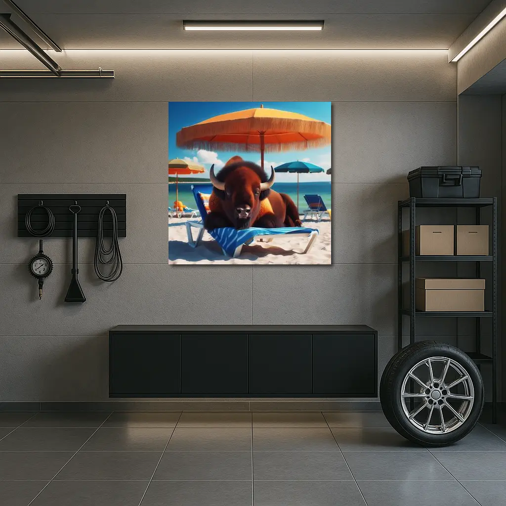 Bison Relaxing On Sunny Beach Chair – Wall Art