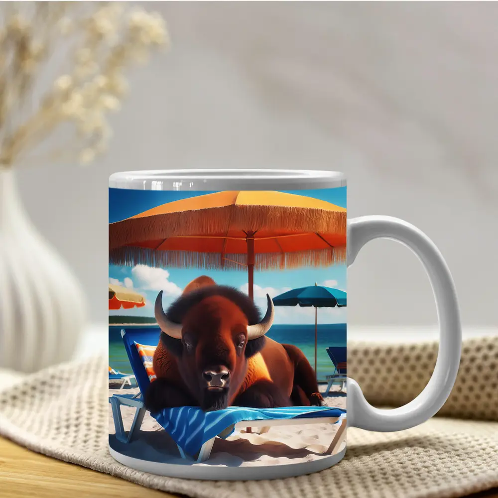 Bison Relaxing On Sunny Beach Chair – Mugs