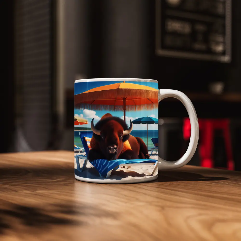 Bison Relaxing On Sunny Beach Chair – Mugs