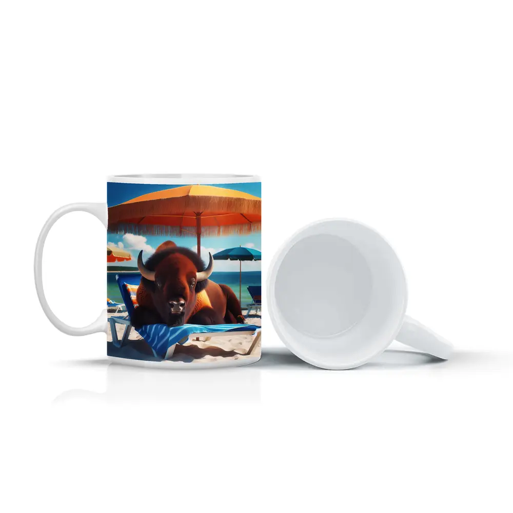 Bison Relaxing On Sunny Beach Chair – Mugs