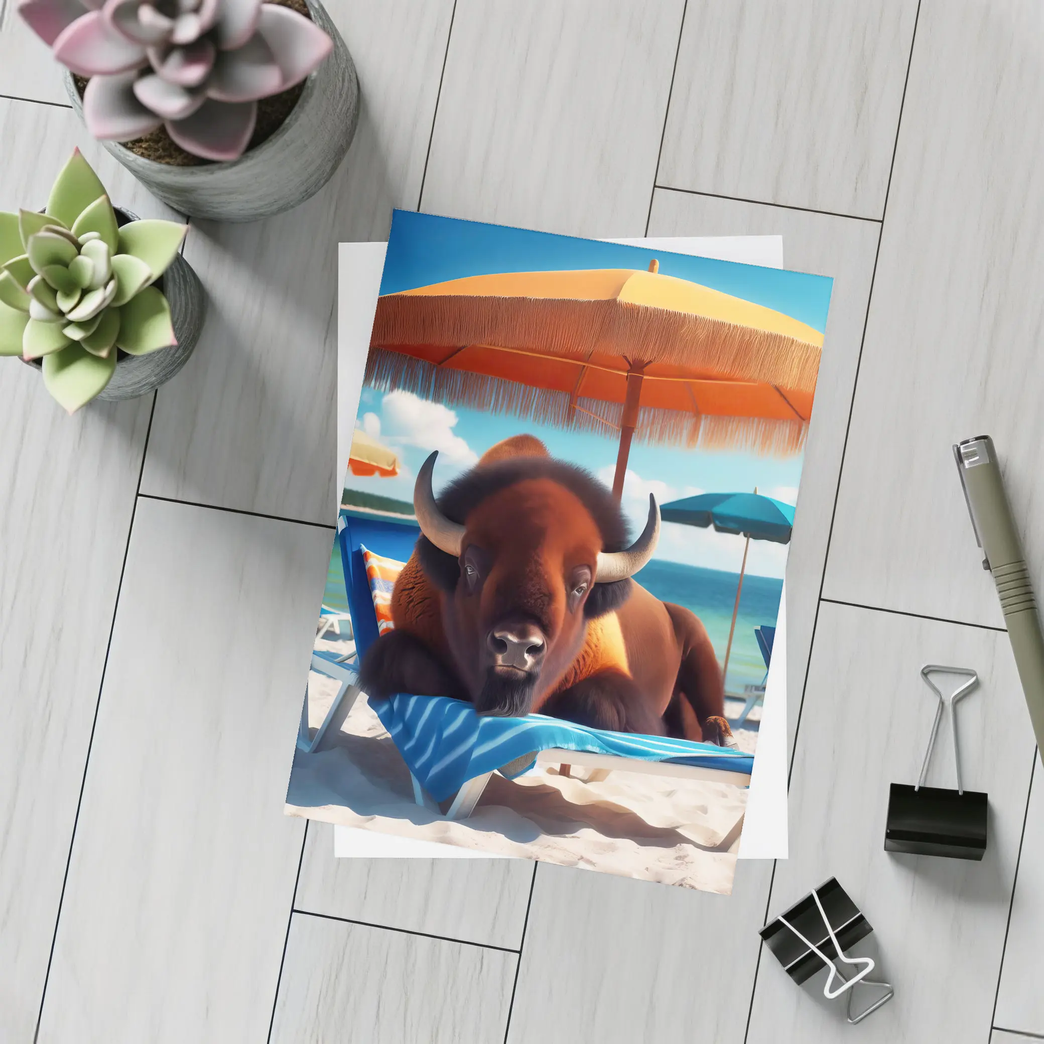 Bison Relaxing On Sunny Beach Chair – Postcards