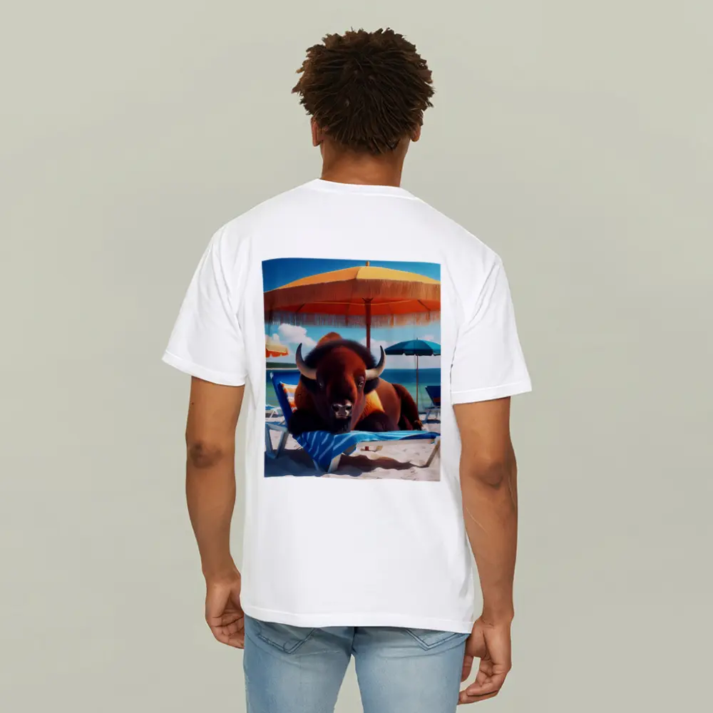 Bison Relaxing On Sunny Beach Chair – T-Shirts