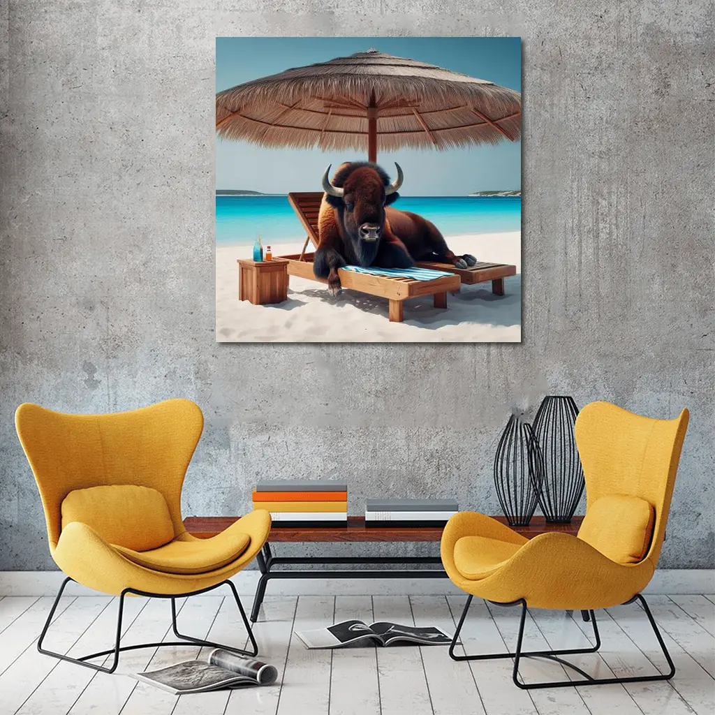 Bison Relaxing on Tropical Beach Lounge Chair – Wall Art