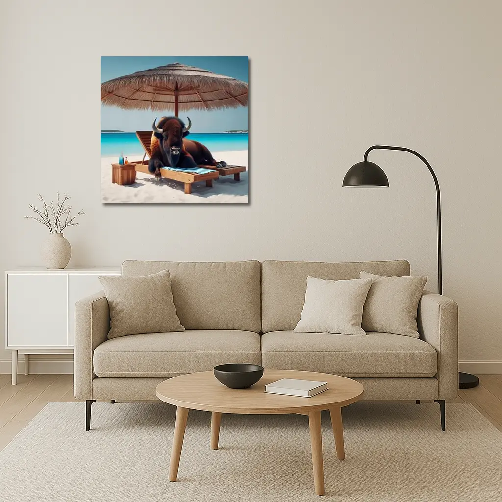 Bison Relaxing on Tropical Beach Lounge Chair – Wall Art
