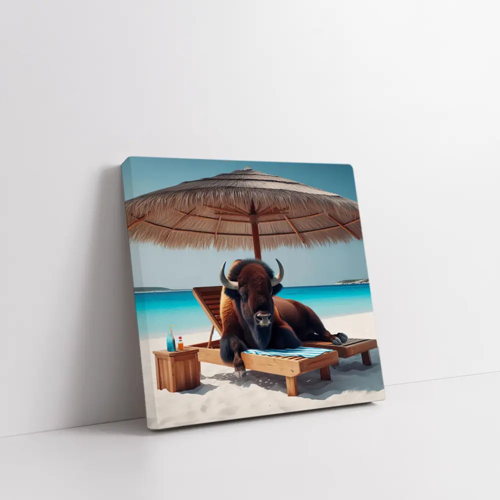 Bison Relaxing on Tropical Beach Lounge Chair – Wall Art