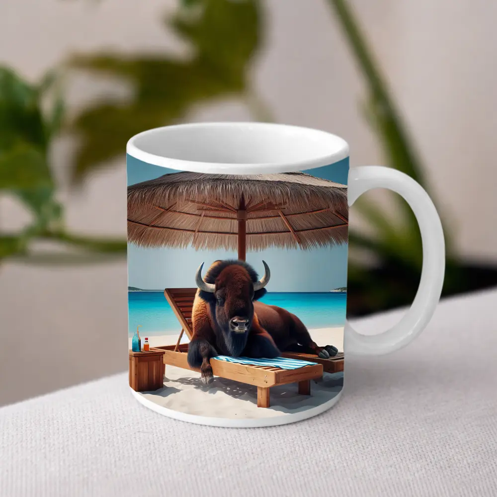 Bison Relaxing on Tropical Beach Lounge Chair – Mugs