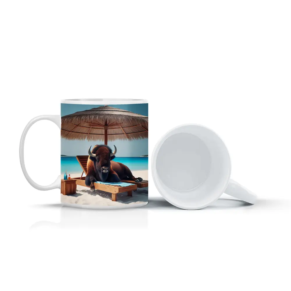 Bison Relaxing on Tropical Beach Lounge Chair – Mugs
